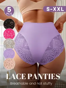 Women's Lace Underwear Set Lingerie, High-Waisted Belly Control Panties, Patchwork Hollow Out Design, Elegant Chic Feminine Sexy Tight-Fitting Floral Pattern, Knicker Set