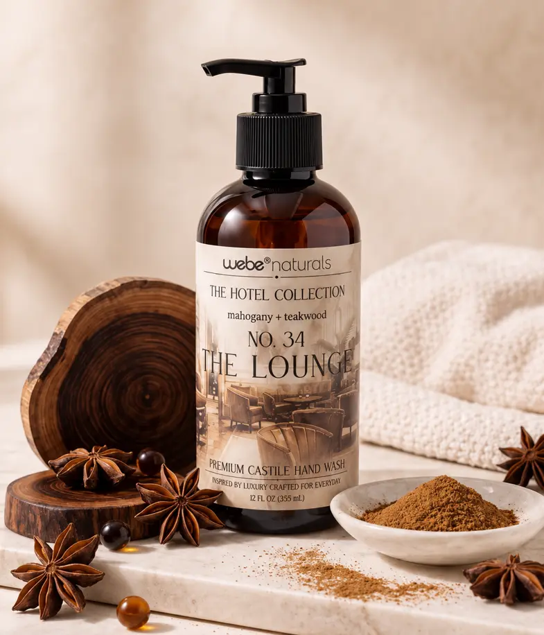Webe Naturals Aroma Hotel Collection No. 34 Premium Castile Hand Wash - Mahogany, Teakwood & Musk Scent, Luxury Beauty & Personal Care Hand Cleanser Fragrance