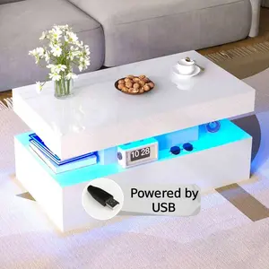 Living Room Coffee Table With LED Light, Modern High Gloss Center Table With Storage