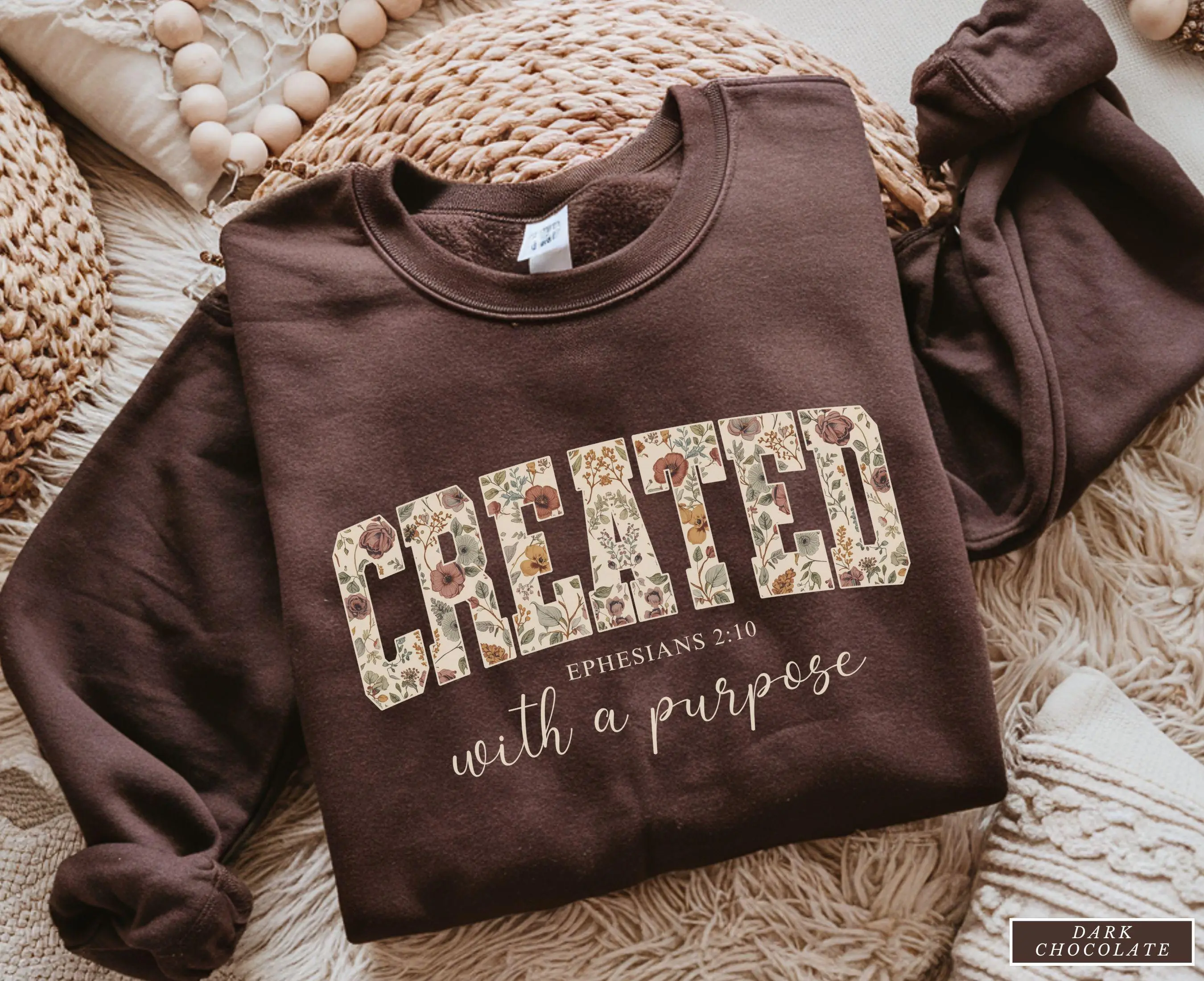 Created With a Purpose Sweatshirt, Floral Ephesians 2 10 Christian Crewneck for Women, Faith Bible Verse Sweatshirt, Gift for Her