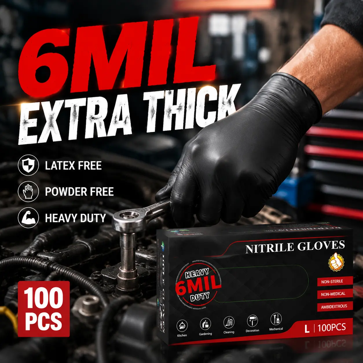 PROMEDIX P Premium Black Nitrile Gloves 6 Mil, 100 Count Disposable Gloves, Latex Free, Powder Free, Durable Gloves for Automotive, Garage and DIY Projects