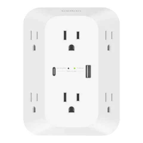 Belkin 6-Outlet Surge Protector Wall Adapter - Adapter Plugs, Into Wall Plugs, Mini Multi-Port Plugs, Compact Charging Station, 1 USB-A, 1 USB-C, UL 1440 Certified, Overvoltage Protection, LED Indicator, Durable