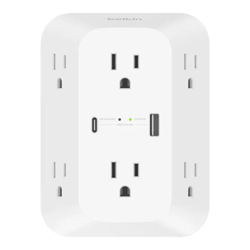 Belkin 6-Outlet Surge Protector Wall Adapter - Adapter Plugs, Into Wall Plugs, Mini Multi-Port Plugs, Compact Charging Station, 1 USB-A, 1 USB-C, UL 1440 Certified, Overvoltage Protection, LED Indicator, Durable