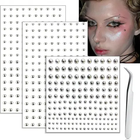 Silver Self-Adhesive Fake Piercing Face Stickers, Fake Lip, Nose & Eyebrow Piercing Studs, Cool Punk Y2k Halloween Makeup for Women and Men, Faux Body Piercing Decor, Versatility