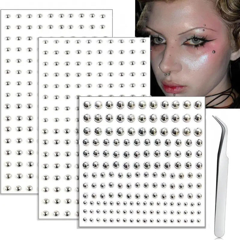 Silver Self-Adhesive Fake Piercing Face Stickers, Fake Lip, Nose & Eyebrow Piercing Studs, Cool Punk Y2k Halloween Makeup for Women and Men, Faux Body Piercing Decor, Versatility