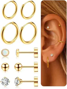 5 Pairs Titanium Earrings - Gold Silver Plated Studs Hoops With Cubic Zirconia Opal - Cartilage Tragus Conch Piercing for Women
