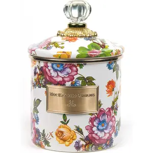 Small Enamel Canister, Kitchen Storage Container for Flour and Sugar, 1.13 Liters, White Flower Market