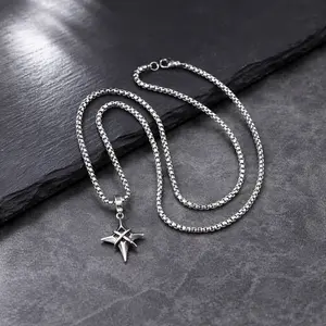 Men’s Stainless Steel Cross Star Pendant Necklace, Hypoallergenic Box Chain Necklace for Men, Black Stone Gothic Jewelry, Gift for Him