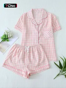 Two-Piece Set Women's Plaid Print Pajama Set, Long Sleeve Lapel Neck Button Front Shirt & Bow Decor Pants PJ Set, Women's Fitted Sleepwear Loungewear for All Seasons