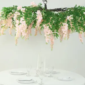Blush Artificial Silk Wisteria Vine Round Hanging Canopy, Draping Garland Flower Chandelier With Interchangeable Branches 55"