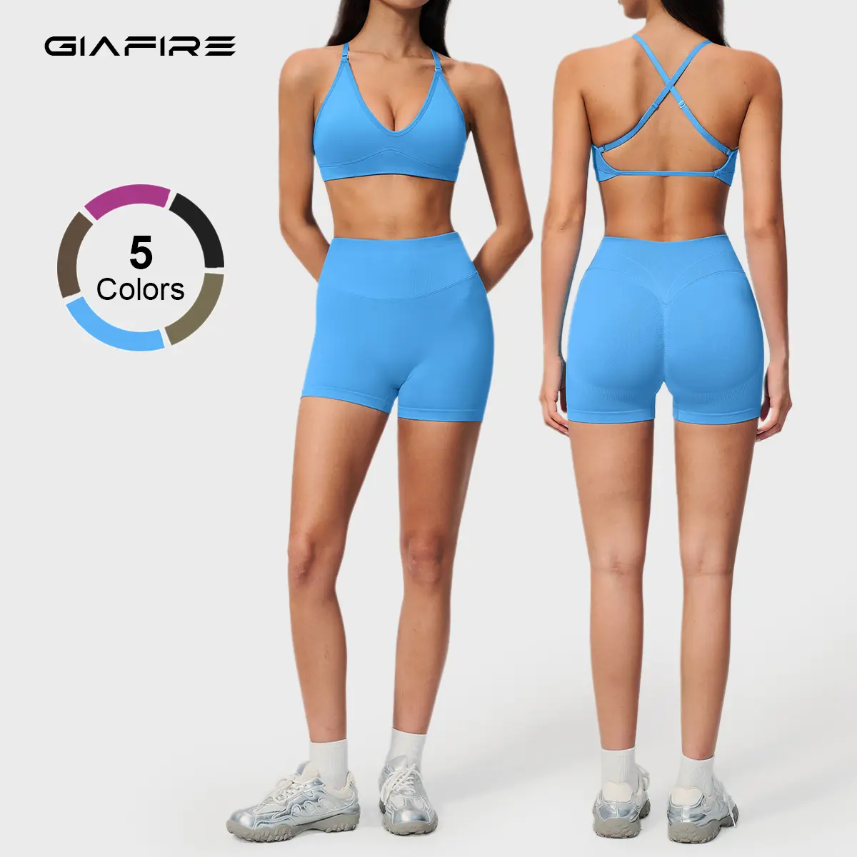 GIAFIRE women’s two-piece athletic set made from ribbed fabric, featuring a top that showcases the back and pants with high elasticity for tummy control and butt lifting—suitable for yoga, fitness, and Pilates.