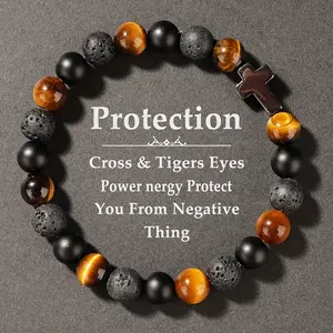 Retro Tiger Eye and Black Bead Bracelet for Men with Cross Pendant - Protective Synthetic Jewelry, Casual Attire, Gift for Him, Boyfriend, Friend