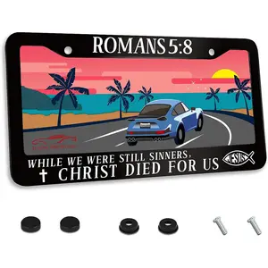Jesus Bible Verses Romans 5:8 License Plate Frame Christian Stainless Steel Car Accessories Personalized License Plate Holder Fits Standard U.S. Vehicles Size: 12.2 x 6 Inches for Men Women summerwins