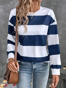New Fashion Women's Striped Print Round Neck Casual Pullover, Fall Season Top, Comfortable and Stylish, Perfect for Daily Wear