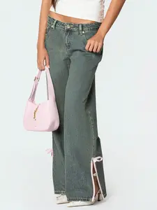 Women's Bow Slit Wide Leg Jeans, Fashion Aesthetic Loose Denim Jeans, Y2K Trendy Unique Long Trousers, Stylish Casual Wear