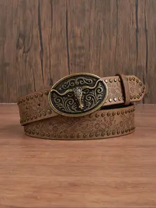 Women's Vintage Cow Head Decor Western Belt, Fashionable Buckle Decorated Floral Embossed Belt for Jeans & Dress, Casual Waistband for Daily Use