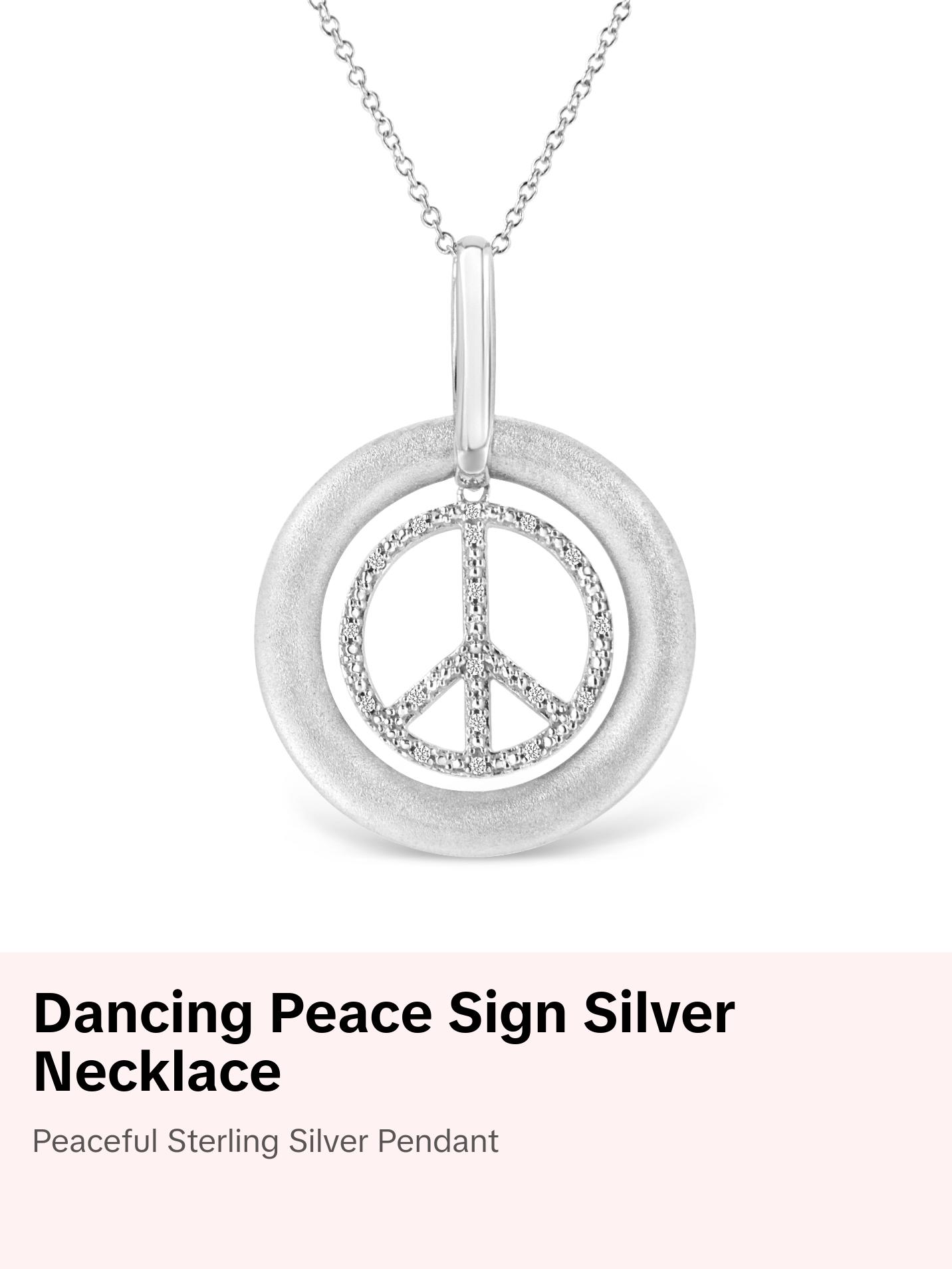 Matte Finish .925 Sterling Silver Diamond Accent Dancing Peace Sign 18" Pendant Necklace (I-J Color, I1-I2 Clarity)
