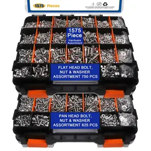 1575 count Nuts and  Assortment Kit, Stainless Steel Phillips Pan  & Flat  Screws, Assorted Nuts  Washers with Orange Double Sided Organizer Box