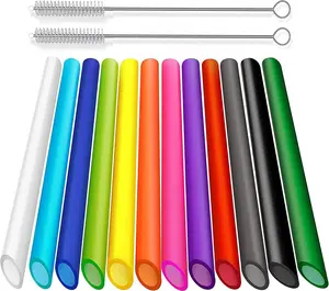 12-Pack Reusable Plastic Boba Straws, Pointed Design, 10.5 inch Long Smoothie Straws with 2 Cleaning Brush(13mm)