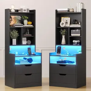 2PCS LED Tall Nightstand with Bookshelf Black