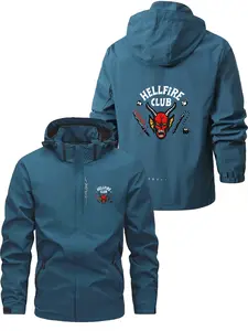 Men's Fashionable Hellfierclub Logo Jacket, Casual Hooded Design, Zipper Pockets, Polyester Material, Spring & Fall Wear