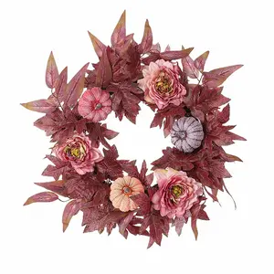 1 Piece Autumn Wisteria Flower Wreath, 18 Inch and Wine Fall Wreath with Pumpkin, Rustic Style Door Decor, Holiday Decoration