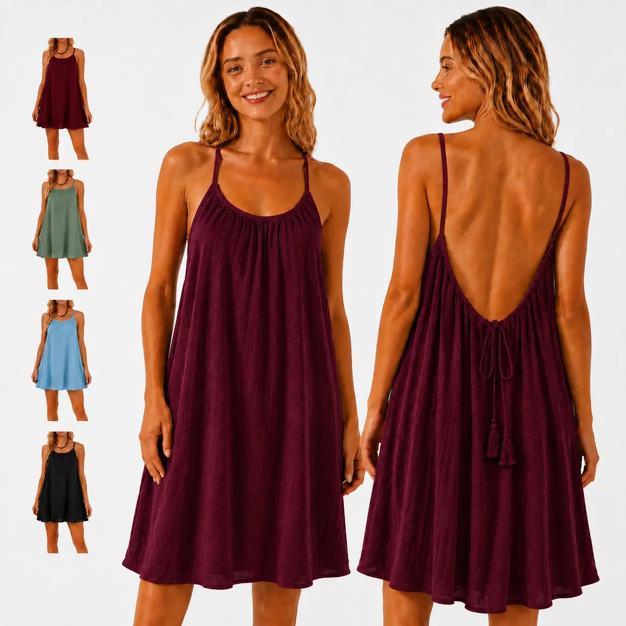 Women’s Solid Backless Cami Dress, Casual Sleeveless Spaghetti Strap Summer Dress for Beach, Vacation and Everyday Wear