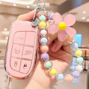 Flower Beaded Keychain for Jeep Car Keys, Car Key Accessory, Soft Tpu Key Protection Cover Key Fob Protector, Fits Chrysler 200 300 Dodge RAM Challenger Voyager Smart Keys