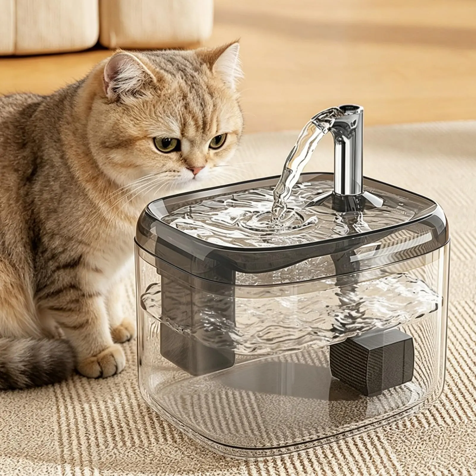 Cute Small Cat Water Fountain 1.5L,Transparent Detachable Tank,Quiet Pump ,Easy Clean Portable Pet Water Dispenser for Car Indoor Travel,Mini Dog Cat Drinking Fountain Gifts（Grey）