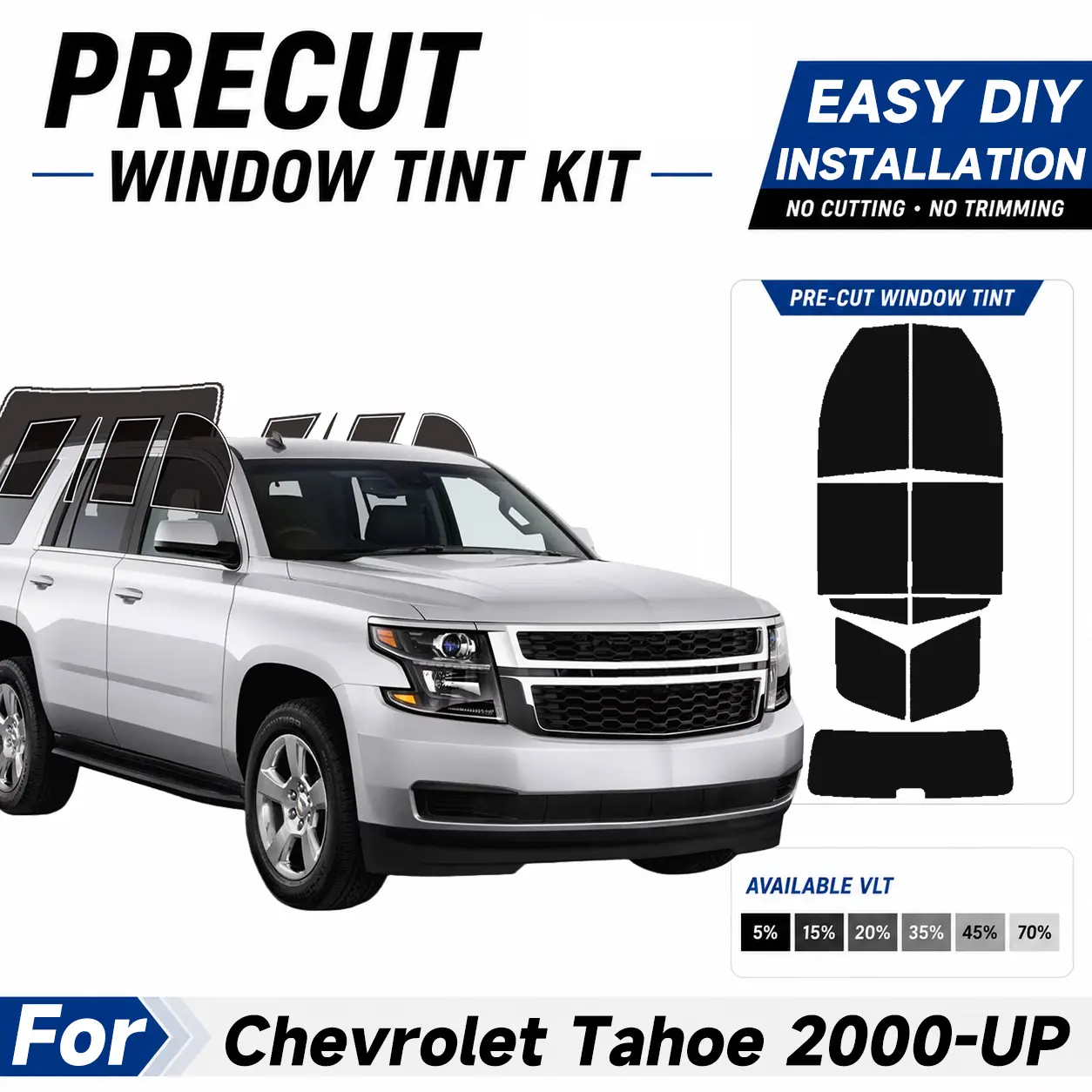 Automotive Custom Size Pre-cut Window Tint - Easy to Apply Installation Pre Cut Tint Kit, Sun protection UV Protection & Car For Chevrolet Tahoe 2000-2026
