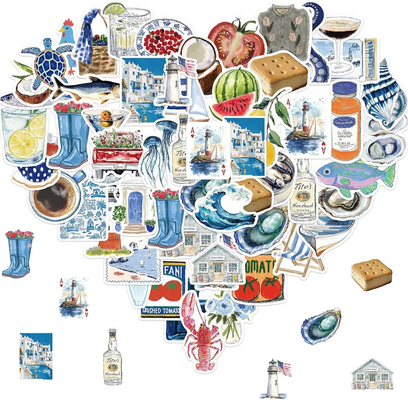 Ocean Themed Sticker, 50pcs/set Waterproof Self Adhesive Decor Paper, Decor Sticker for Gift Greeting Card Water Bottle Laptop Phone