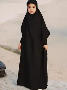 Muslim Girl Long Modest Abaya Dress with Hood, Pure Color Flowing Design, Elegant Traditional Clothing for Children, Perfect for Special Occasions