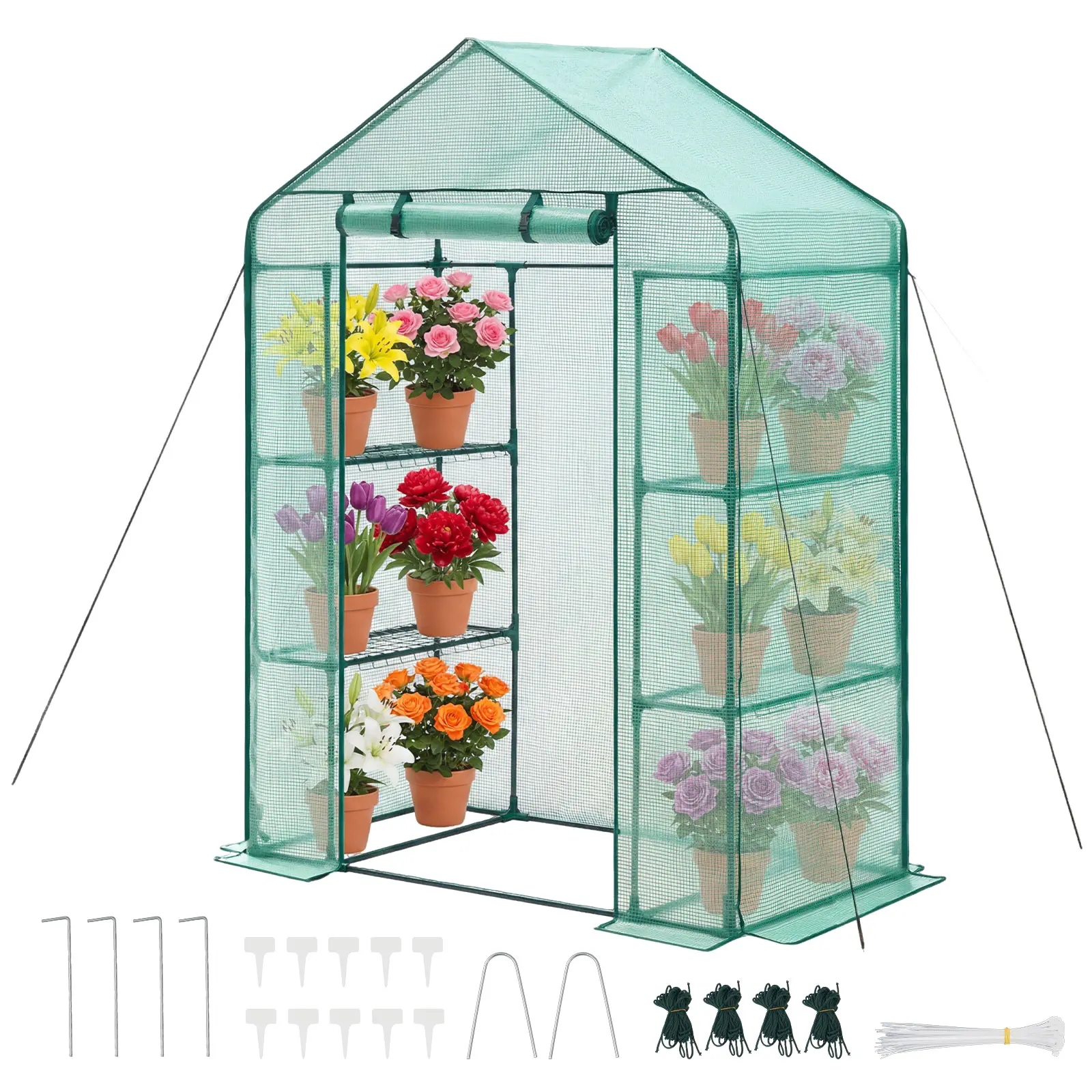 【SummerFinds】VEVOR Steel Walk-in Greenhouse, 55.5"x28.3"x78.7" Outdoor PE Cover with Sun Protection (Level 6), 2-Tier 4-Shelves (33 lbs per Shelf), Roll-Up Zipper Door, Portable Stable Plant Hot House (Assembly Required) for Backyard, Vegetable Garden