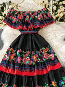 Plus Size Women's Festival Floral Print Off-Shoulder Long Dress, Bohemian Romantic Dress, Stylish Holiday, Comfortable and Trendy, Perfect for Special Occasions