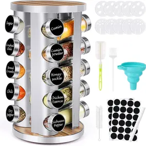 20Pcs Spice Rack Organizer with Jars for Cabinet, Revolving/Rotating Seasoning Organizer, Stainless Steel/Wooden Countertop Rack Tower Organizer for Kitchen Pantry with Reusable Labels/Funnel/Brushes