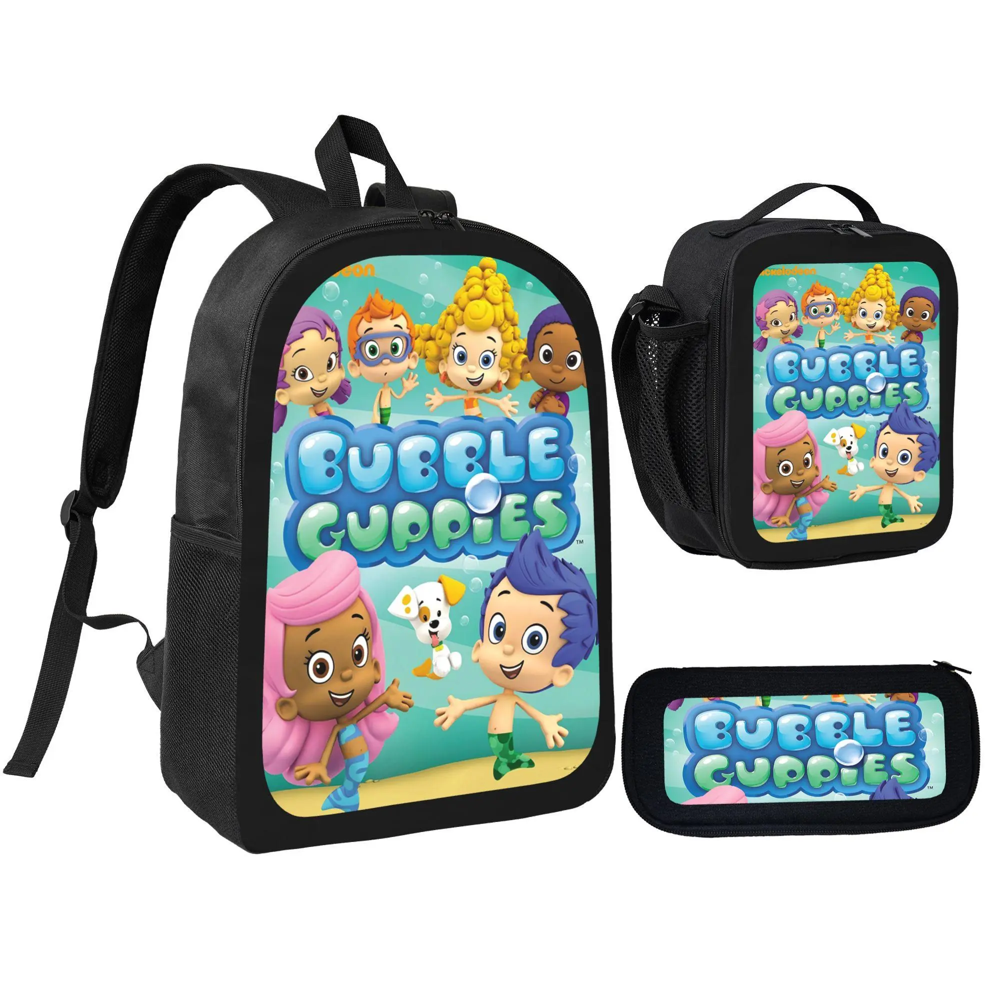 [3Pcs Backpack Set] Bubble Guppies Cartoon Characters With Lunch Bag Pencil Pouch School Bag For Kids Boys Girls Toddlers Kindergarten Preschool Students Back To School Gift