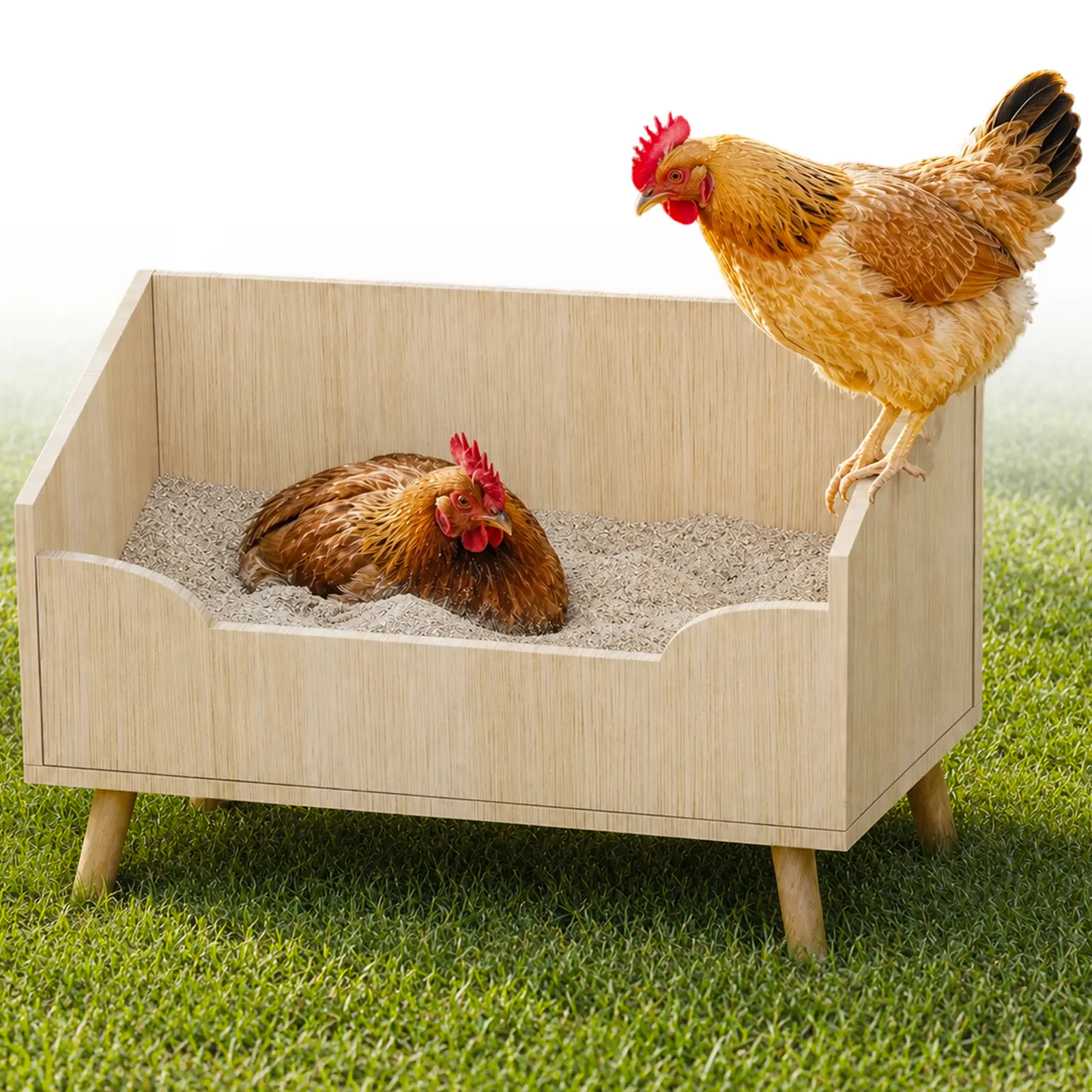 Wooden Chicken Dust Bath Box, 23.6 x 15.7 in Elevated Poultry Bathing Tub with Solid Wood Frame, Stable Legs and Smooth Low Entry, Multi-Purpose Chicken Nesting Box and Feeder Trough for Hens, Chicks, Coop, Run and Backyard Farm