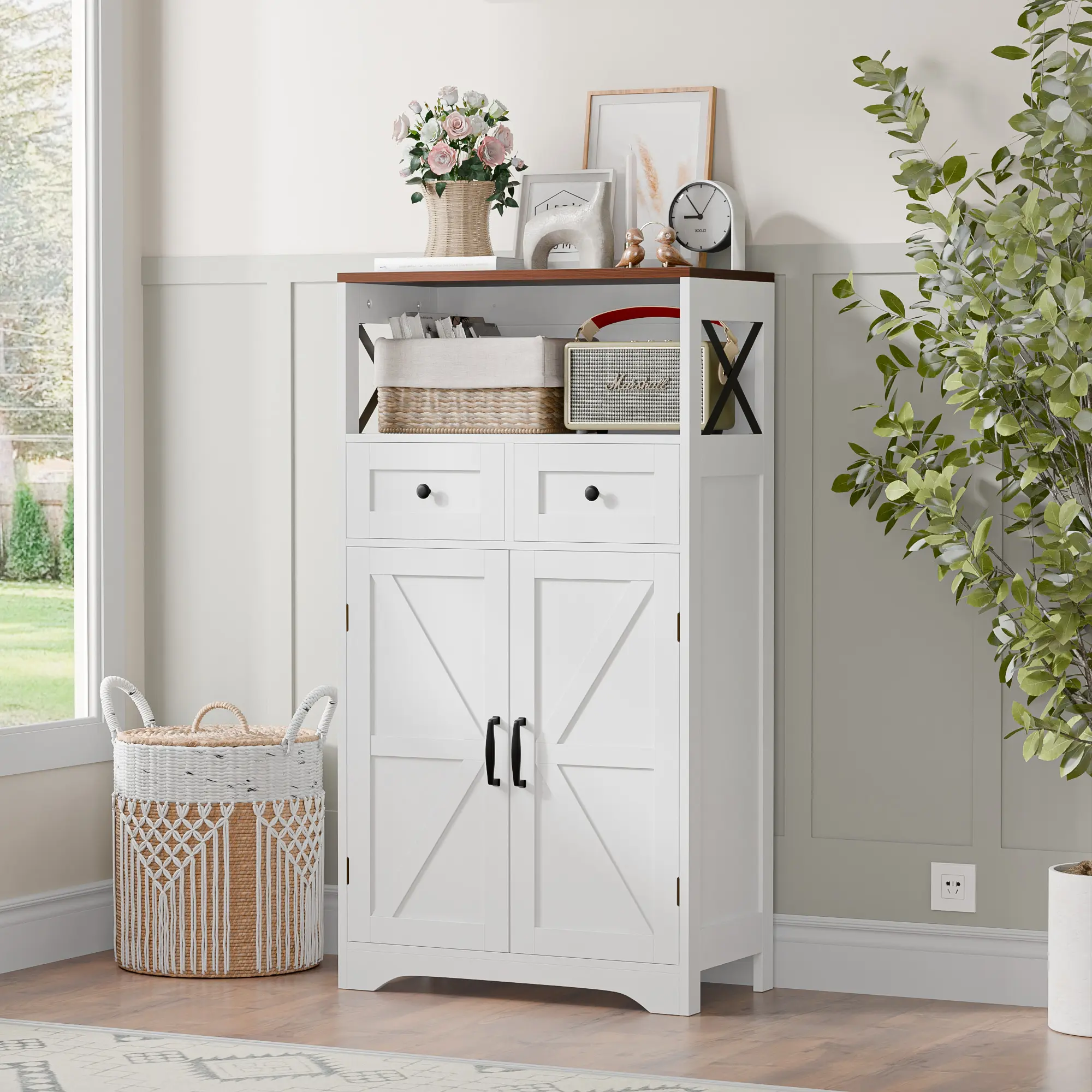 ZenStyle White Freestanding Drawer Organizer Cabinet - Farmhouse Cupboard with Drawers, Doors, Adjustable Shelves, Multiple Compartments for Home Kitchen Storage, 23x11.8x42.5 in (White Furniture, Freestanding Cabinet), Adjustable Floor Cabinets