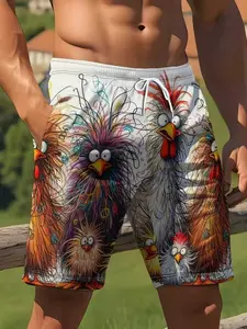 Funny Rooster Pattern Men's Beach Shorts, Swimming Shorts, Trendy Fast-Dry Swim Trunks, Breathable Summer Holiday Casual Wear, Beach Outdoor Wear