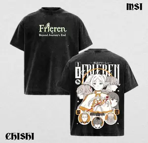 Frieren Beyond Journey’s End Vintage Anime Graphic Tee – Acid Washed Oversized T-Shirt, Soft Cotton Fabric, Unisex Casual Streetwear, Breathable Crew Neck Menswear Top, Manga Aesthetic Garment