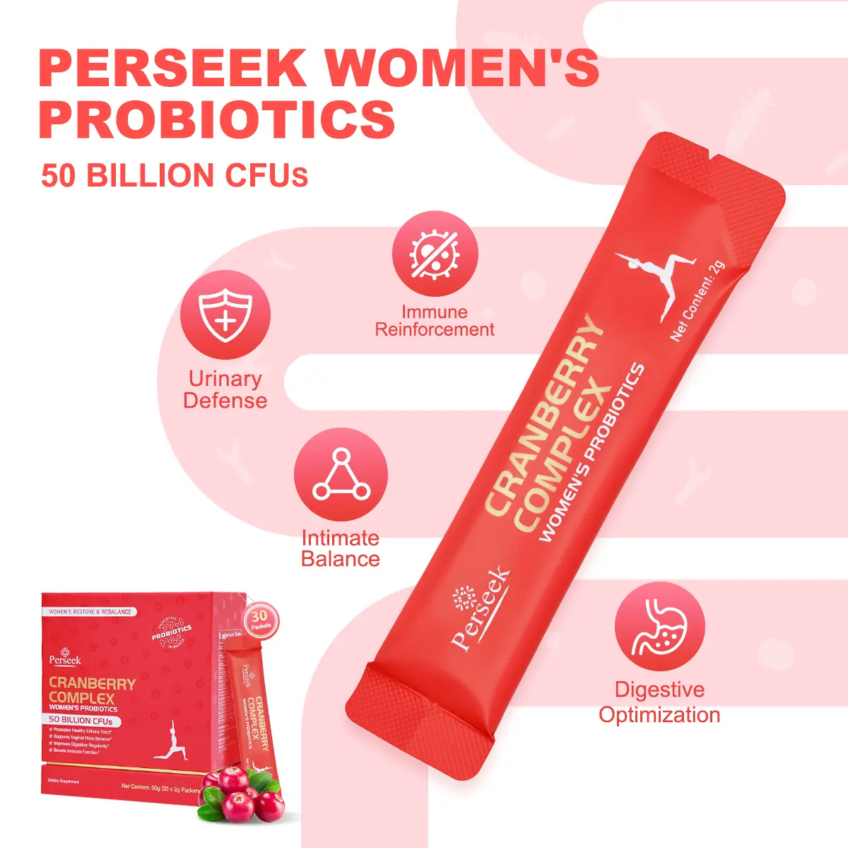 Perseek Women’s Probiotic 50B CFUs + Cranberry – for Intimate, Urinary ,and Digestive Health – 30 Pack