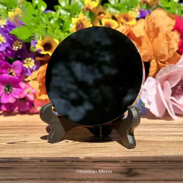 Natural Black Obsidian Wafer Scrying Plate Mirror Healing Reiki Mirror Home Decoration with Stand Gift