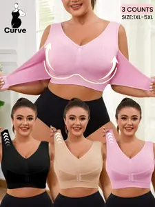 【Plus Size】Women's Solid Wide Strap Seamless Bra,Comfortable Breathable Soft Stretch Bra,Front Chest Buckles Design,No Padding,Women's Lingerie for All Seasons,Ladies Knitted Underwear for Daily&Home Wear,All Seasons,Womenswear
