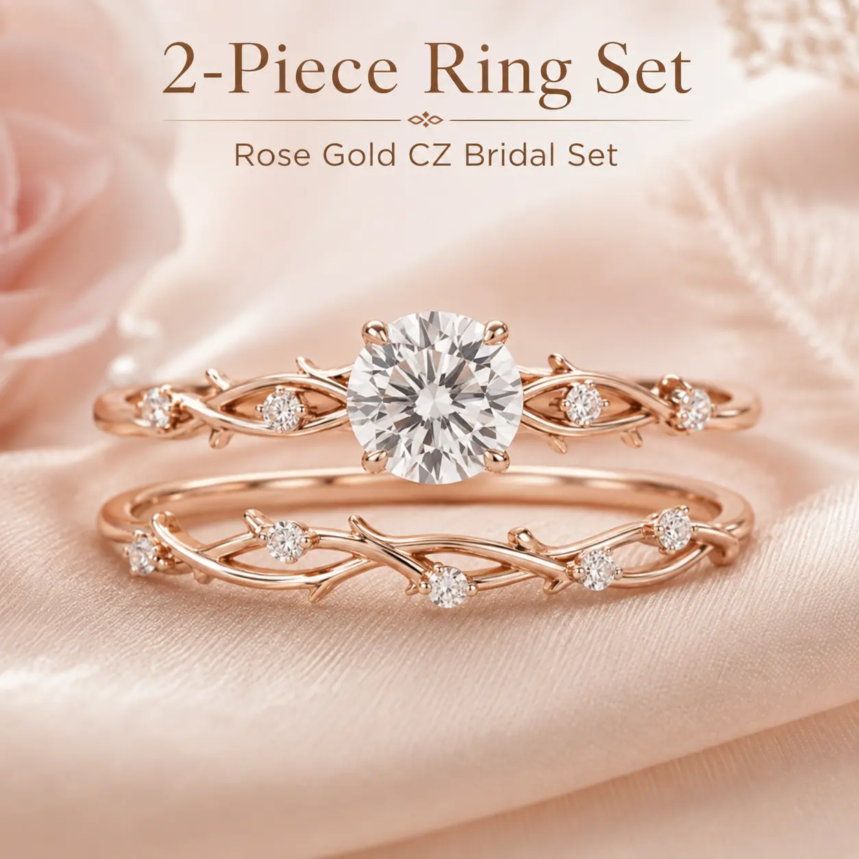 Two-piece engagement ring set, rose gold wedding ring set, anniversary set for women, elegant design, set with cubic zirconia marquise gemstones.