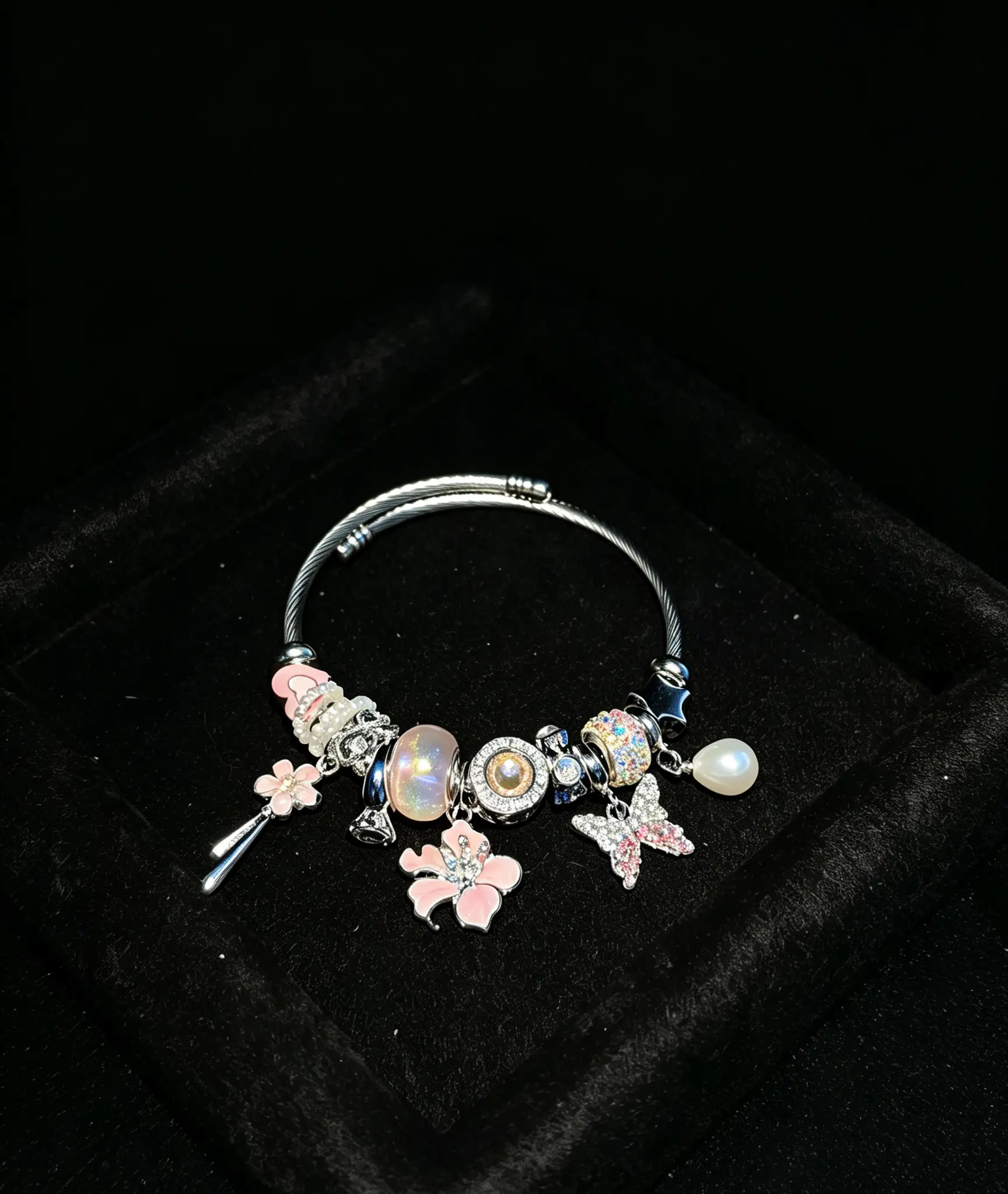 Women's Pink Enamel Charm Open Cuff Bangle Bracelet - Silver-Toned Wire Bangle with Star, Flower, Pearl, Crystal Charms - Sparkling Costume Fashion Jewelry Accessory
