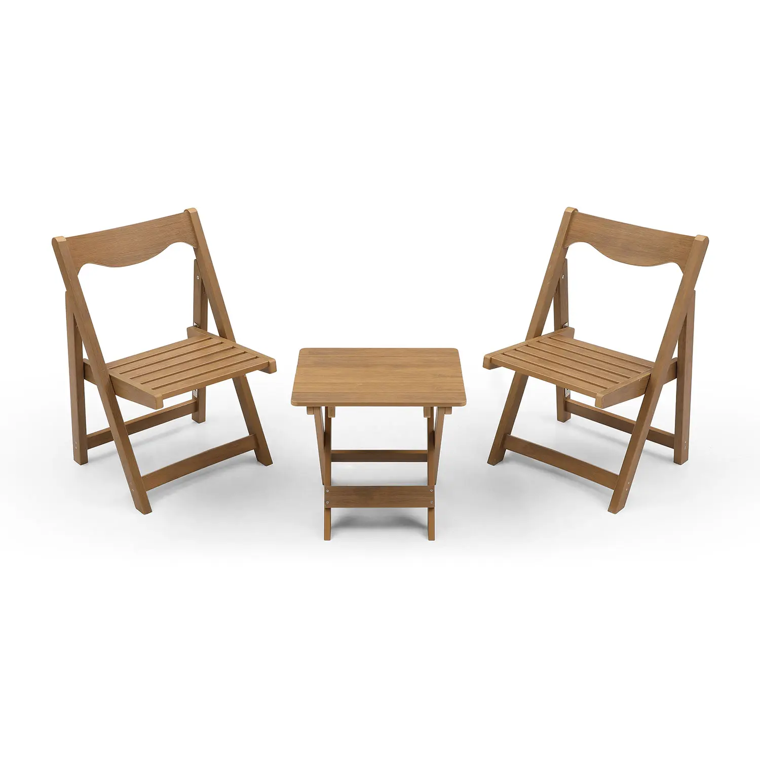 Compact Foldable Bistro Set with 2 Chairs and Rectangular Table, HDPE Teak Finish, for Patio, Garden, Backyard, Poolside