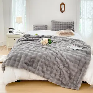 Bekrvio- Gray Warm Cozy Faux Fur Bubble Throw Lola Blanket, Extra Large Chunky Knit Oatmeal & Lilac Faux Rabbit Fur, Double-Sided Thick Plush Flannel Sherpa, Lightweight Multifunctional for Couch Sofa Bedroom Living Room Ultra-Soft Double-Layer Fleece