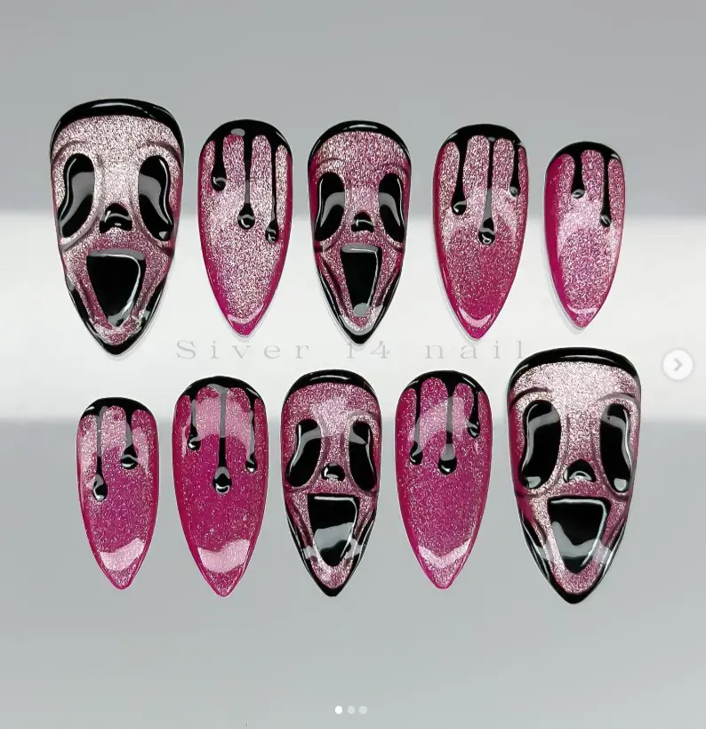 Pink Glitter Scream Press On Nails, Almond Ghost Face Black Drip Nails, Horror Movie Halloween Nail Set, Handmade Gift for Her