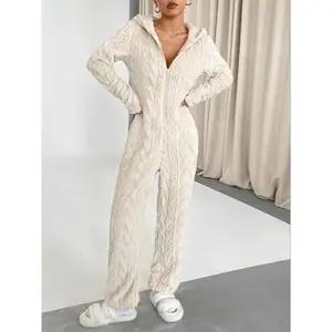 Elegant Women's Solid Color Wool Hooded Long Sleeve Deep V Sexy Jumpsuit, Slim-Fit Contemporary Style for All Seasons(Sheets)