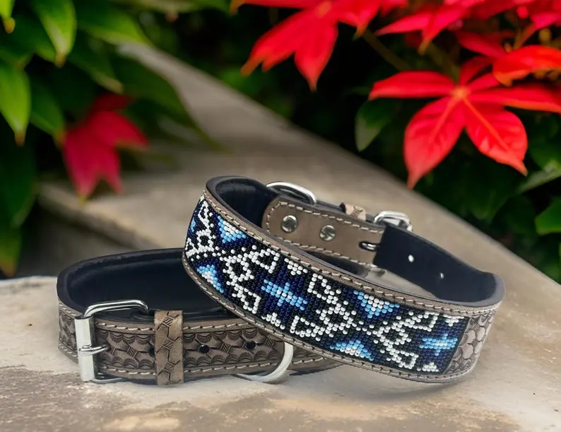 Personalized Western Cat Dog Pet Collar Beaded Hand Tooled Crafted Padded Genuine Leather Floral Soft Adjustable Puppy Collar